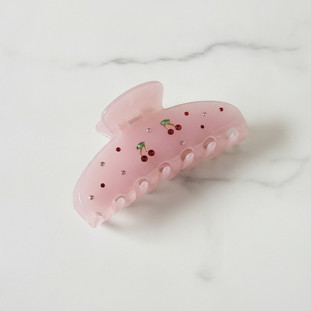 Cherry Rhinestone Hair Claw Clip - Diamond Cherry Claw Clip - Pink – hair accessories (view 3)