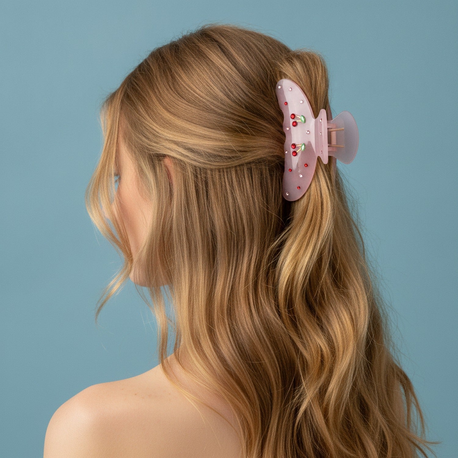 Cherry Rhinestone Hair Claw Clip - Diamond Cherry Claw Clip - Pink