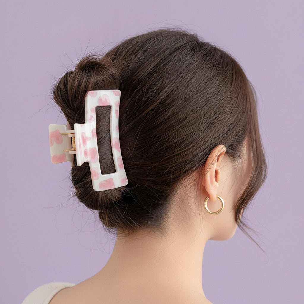 Pink Heart Patterned Hair Claw Clip – hair accessories (view 3)