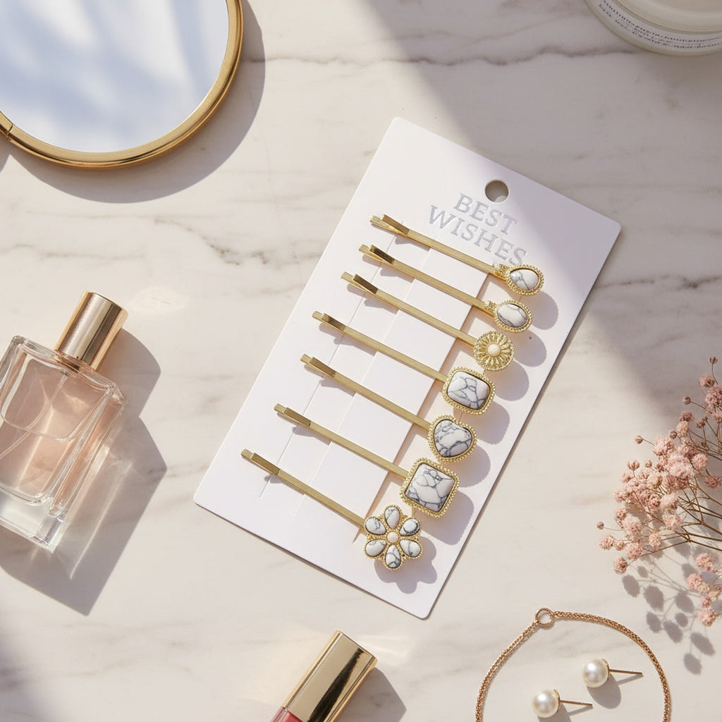 Marble Stone Gold Hair Clips Flower Charm Set – hair accessories (view 2)