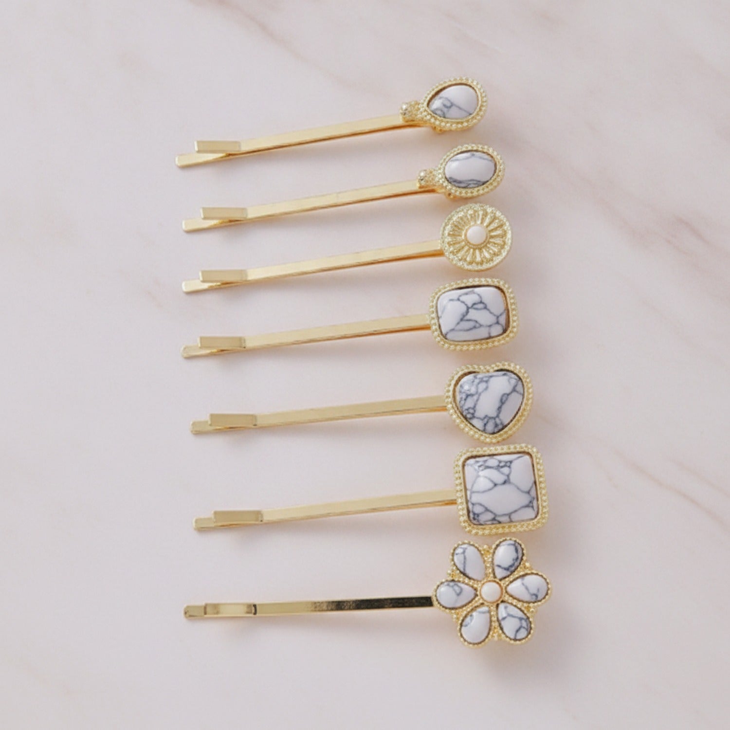 Marble Stone Gold Hair Clips Flower Charm Set