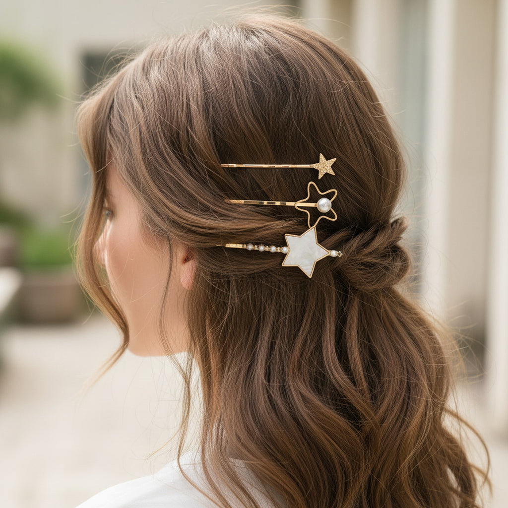 Gold Star Hair Clips With Flower Aesthetic