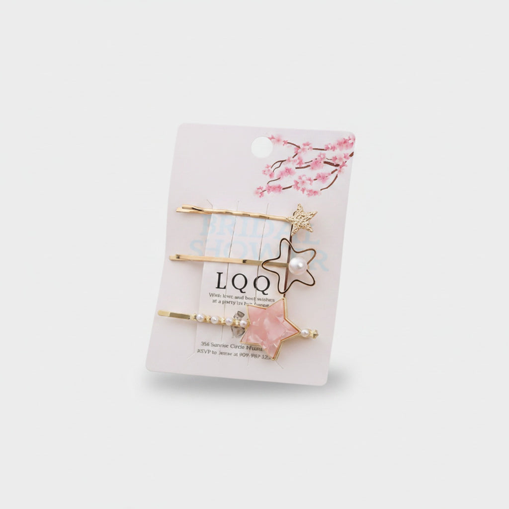 Gold Star Pearl Hair Clips Set Pink Floral