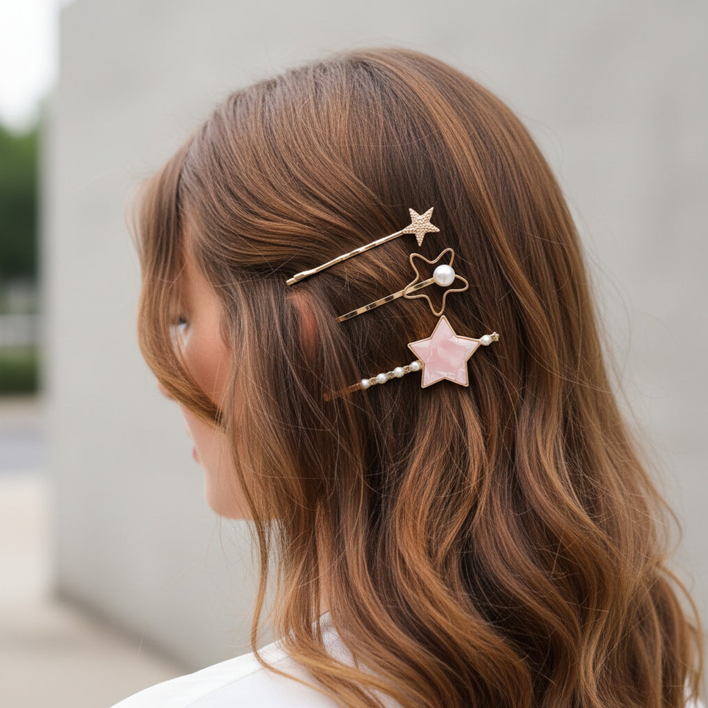 Gold Star Pearl Hair Clips Set Pink Floral