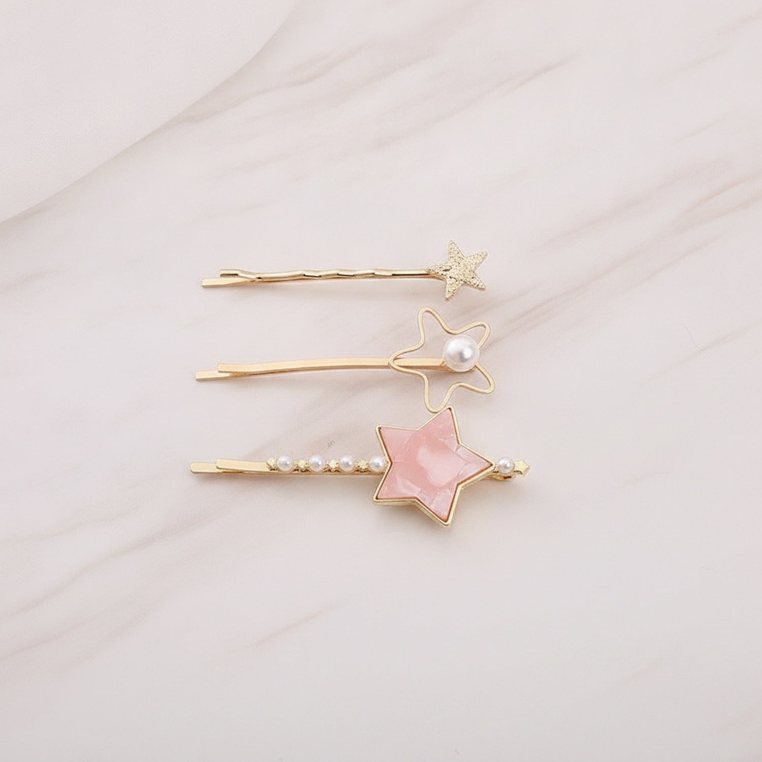 Gold Star Pearl Hair Clips Set Pink Floral