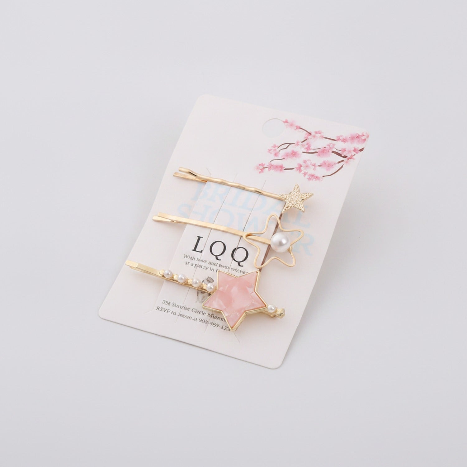 Gold Star Pearl Hair Clips Set Pink Floral
