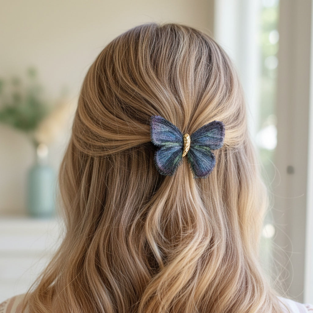 Butterfly Hair Clip Gold Black Embroidered