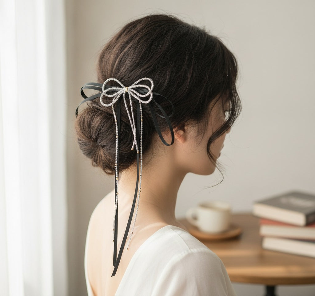 Ribbon Bow Hair Clip With Tassel Charm – hair accessories (view 2)