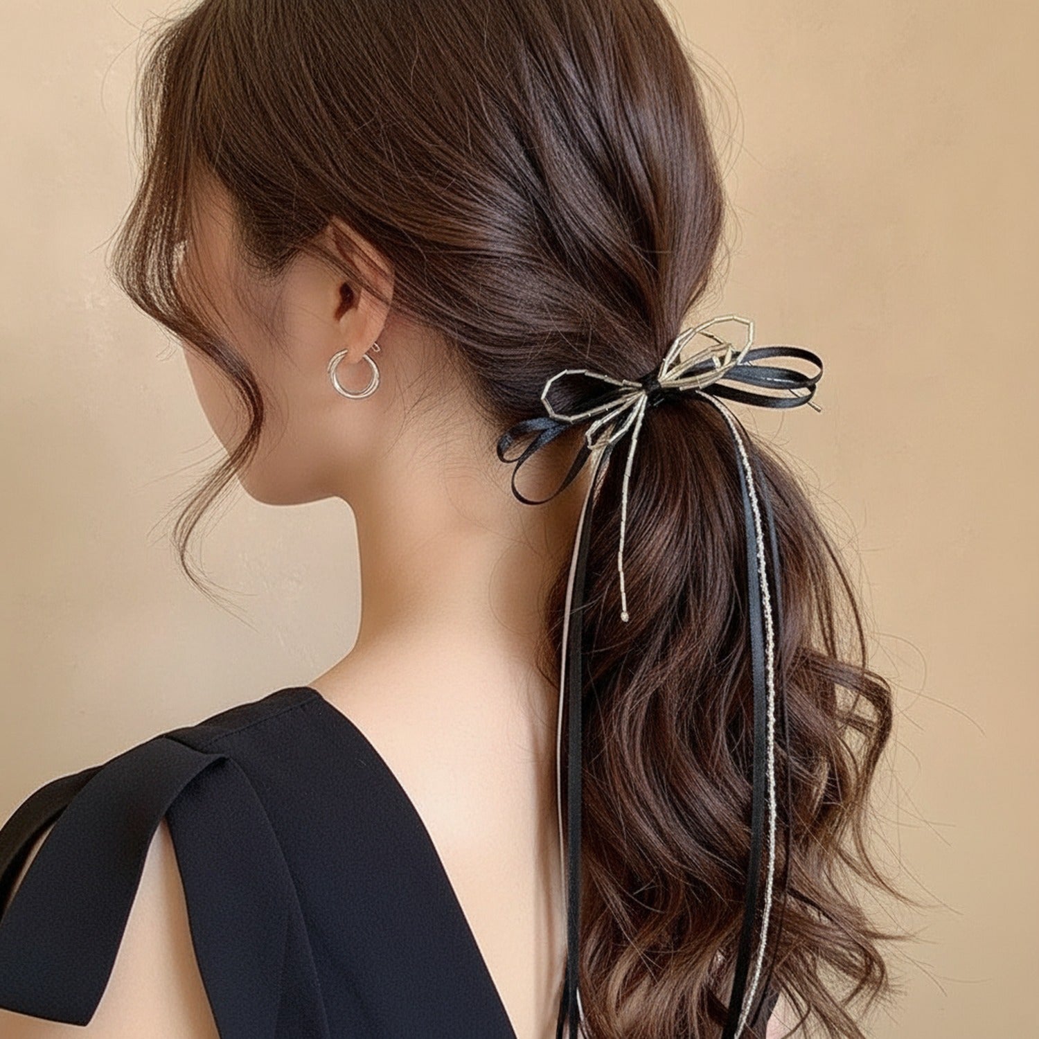 Ribbon Bow Hair Clip With Tassel Charm