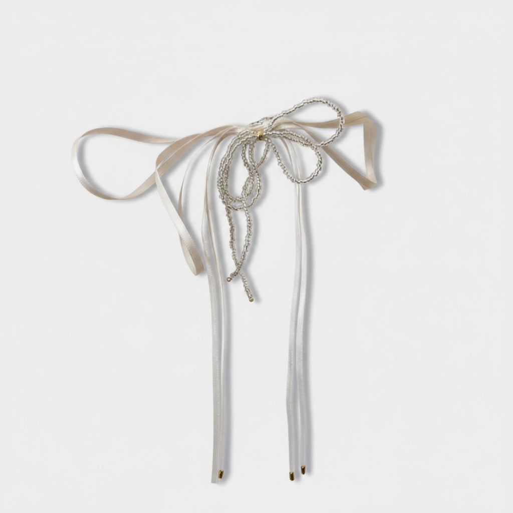 Cream Ribbon Bow Hair Clip With Chain Detail