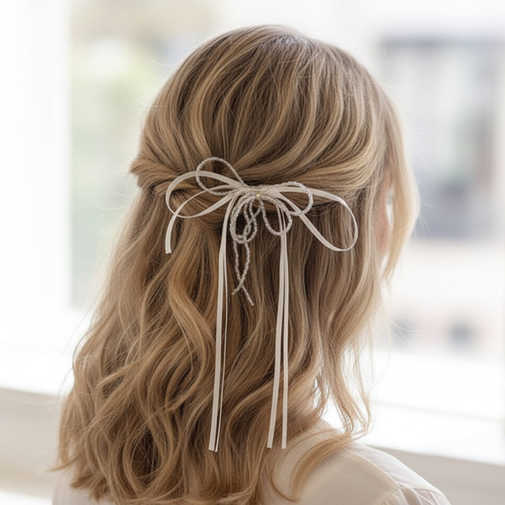 Cream Ribbon Bow Hair Clip With Chain Detail