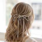 Cream Ribbon Bow Hair Clip With Chain Detail