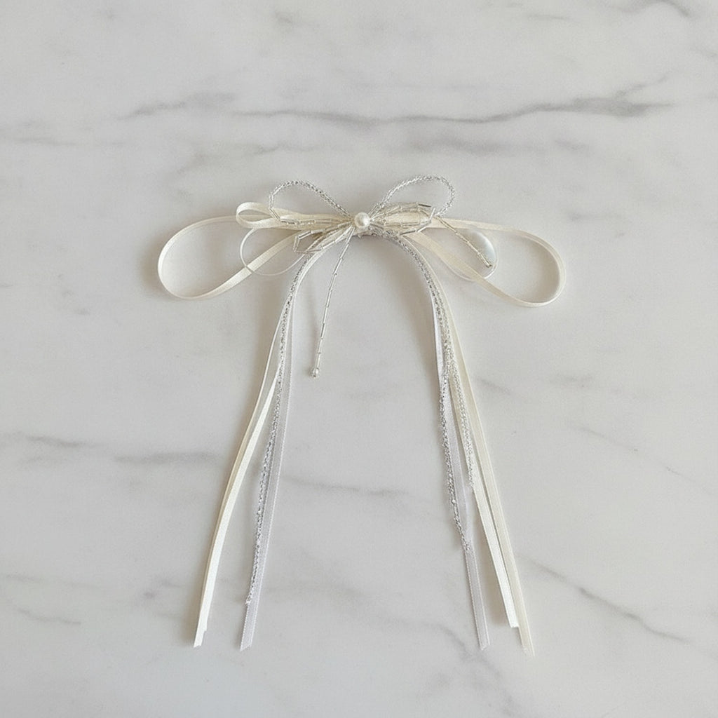 Cream Ribbon Bow Hair Clip With Chain Detail – hair accessories (view 2)
