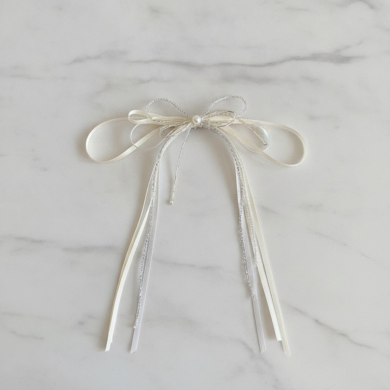 Cream Ribbon Bow Hair Clip With Chain Detail