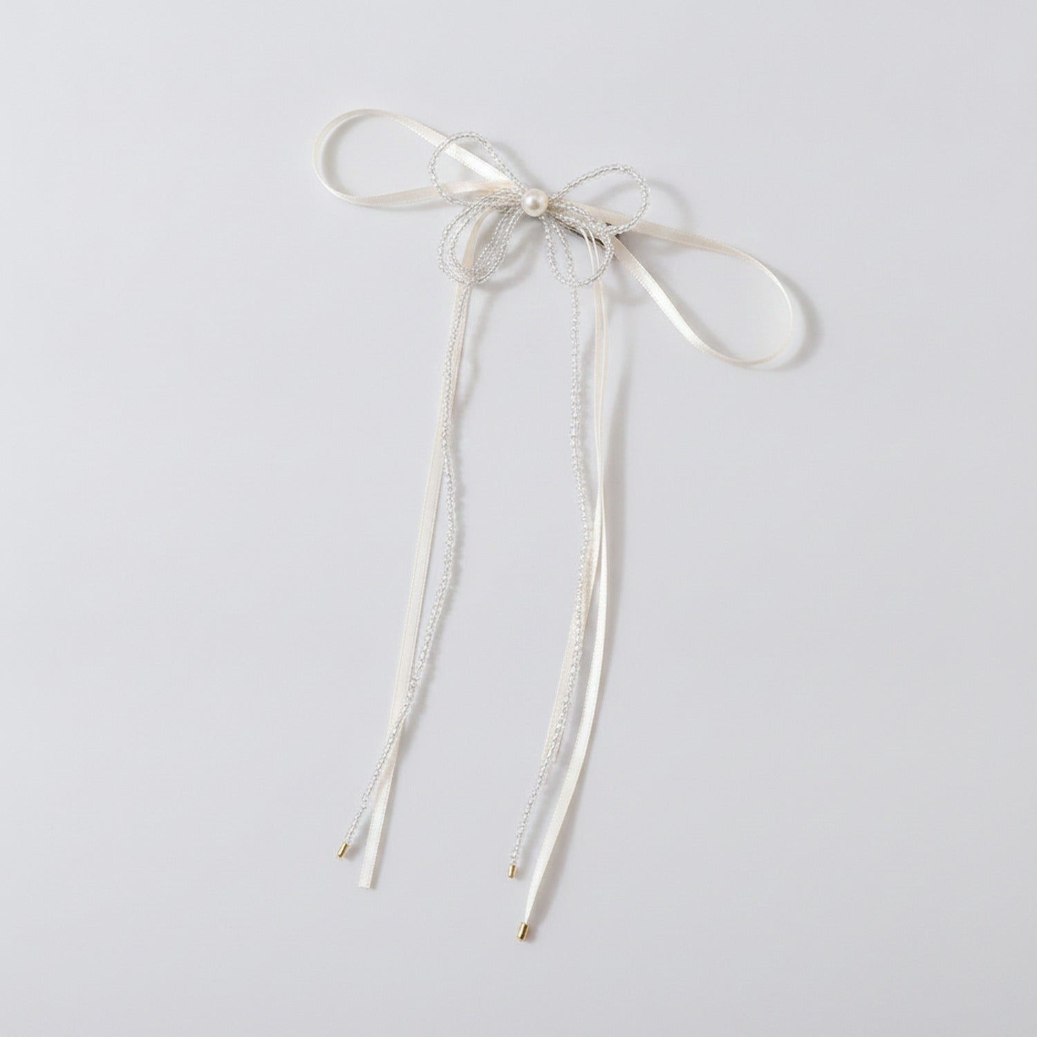 Cream Ribbon Bow Hair Clip With Chain Detail