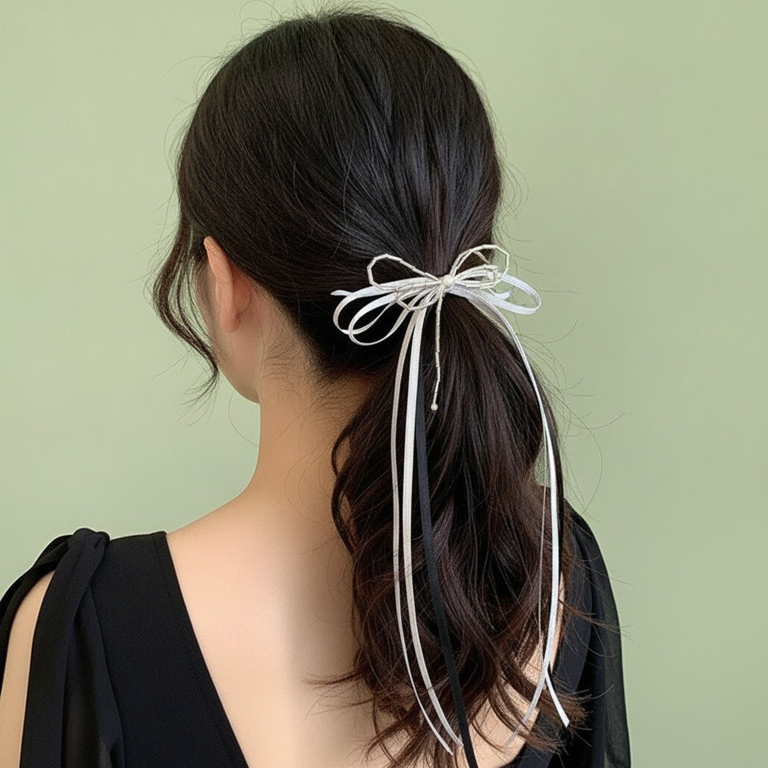 Cream Ribbon Bow Hair Clip With Chain Detail
