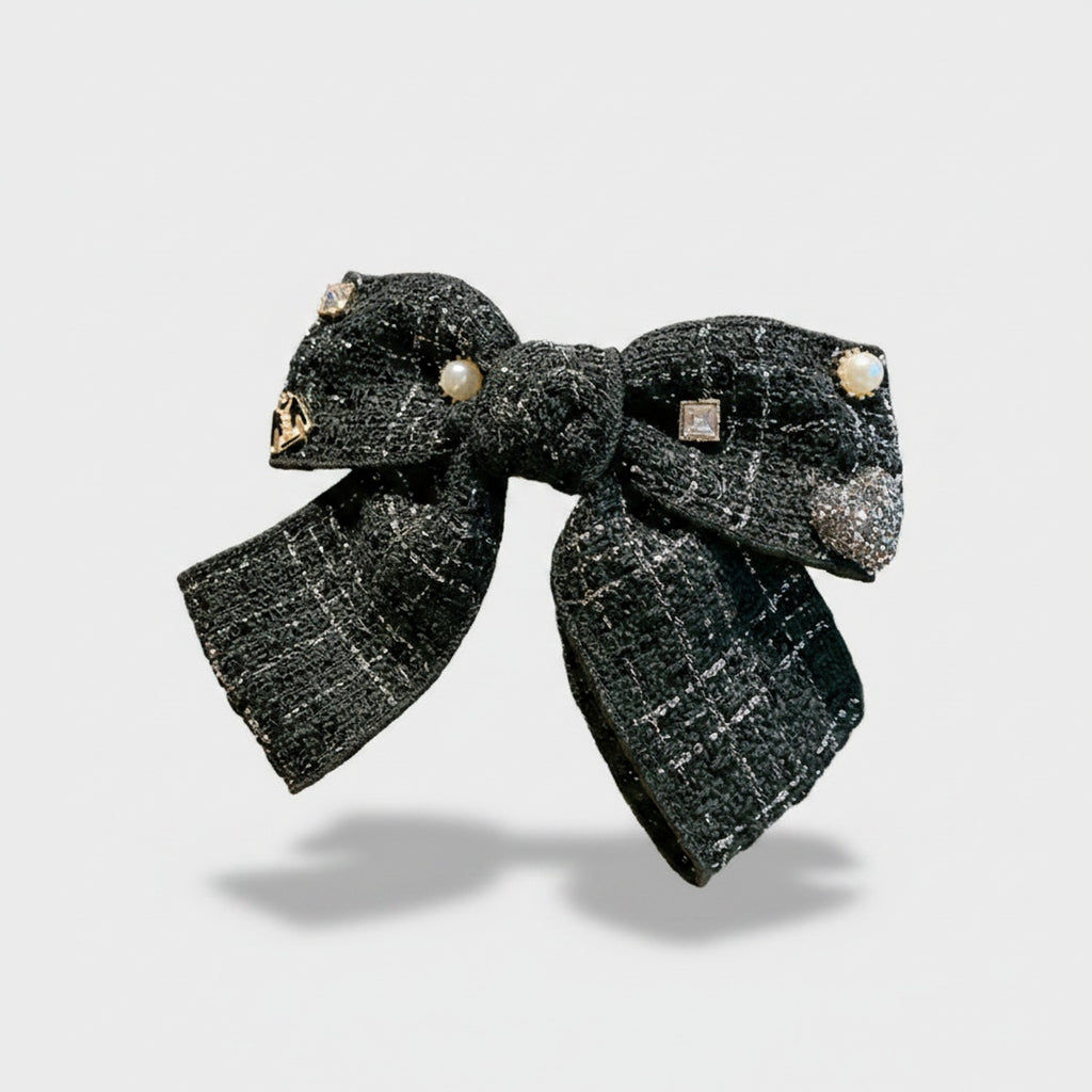 Black Tweed Bow Hair Clip with Pearl Details