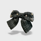 Black Tweed Bow Hair Clip with Pearl Details