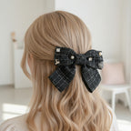 Black Tweed Bow Hair Clip with Pearl Details