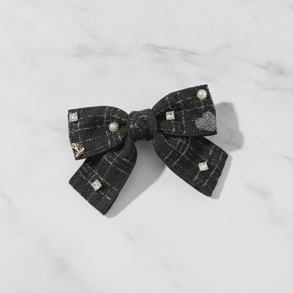 Black Tweed Bow Hair Clip with Pearl Details