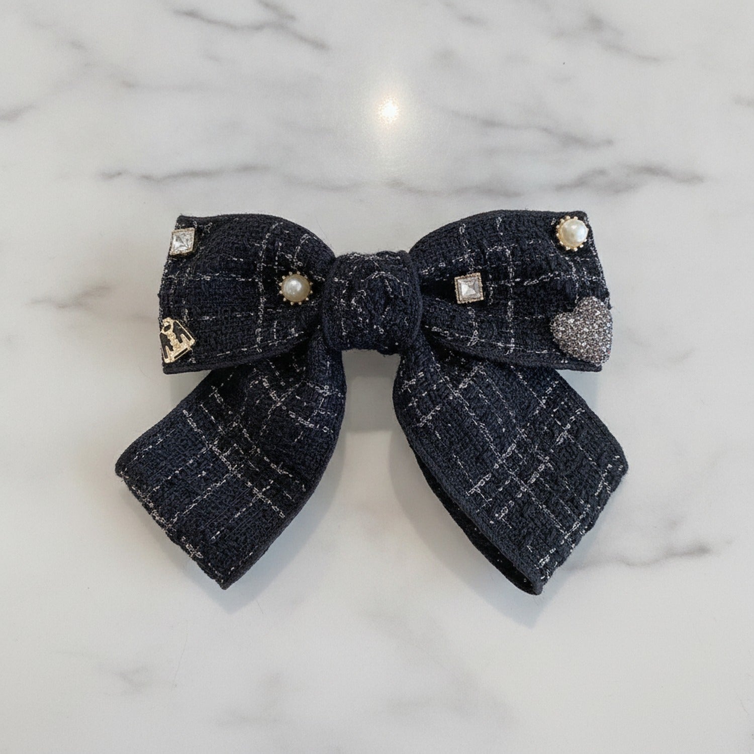 Black Tweed Bow Hair Clip with Pearl Details