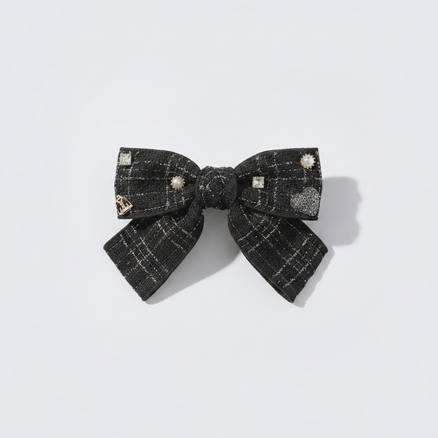 Black Tweed Bow Hair Clip with Pearl Details