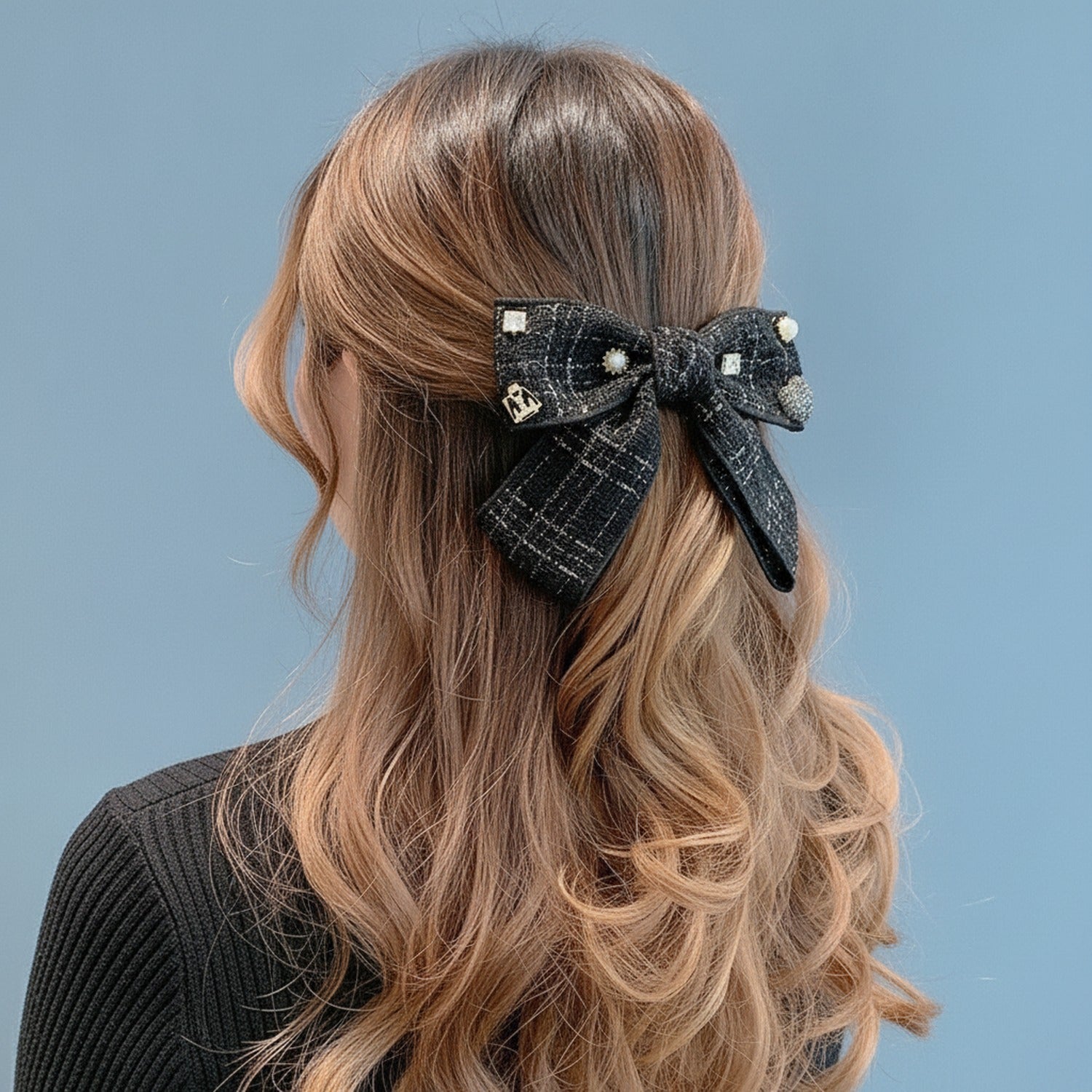 Black Tweed Bow Hair Clip with Pearl Details