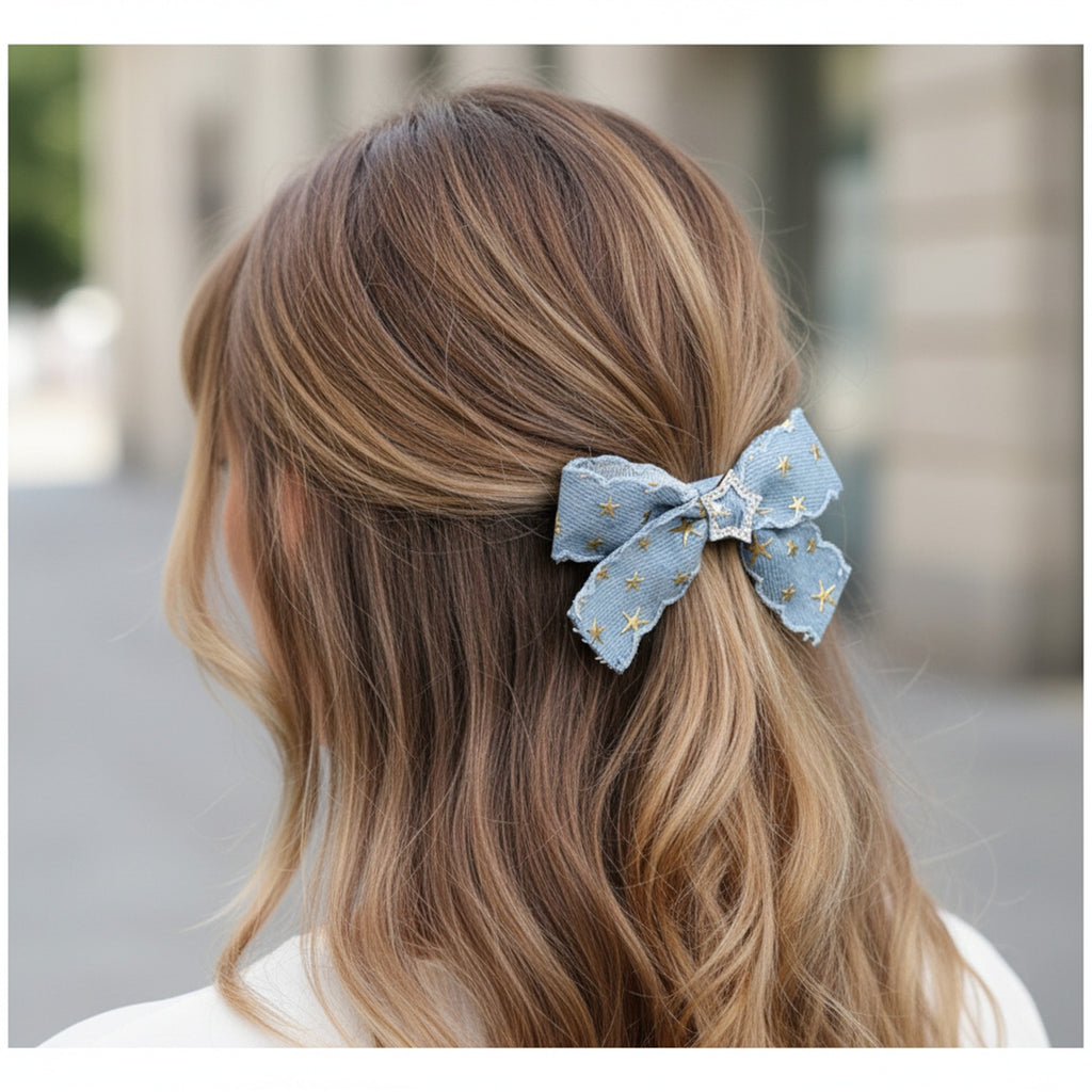 Denim Star Hair Bow Clip With Rhinestone