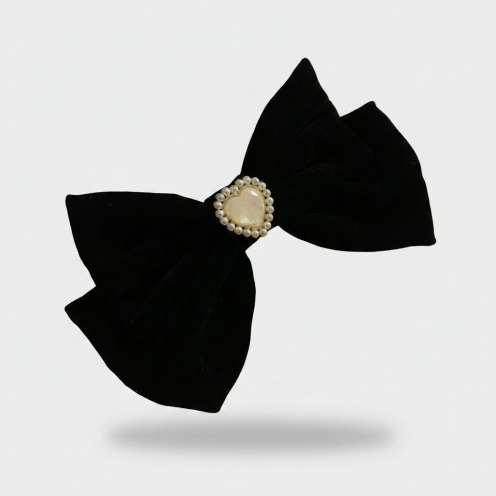 Black Pearl Heart Hair Bow Clip