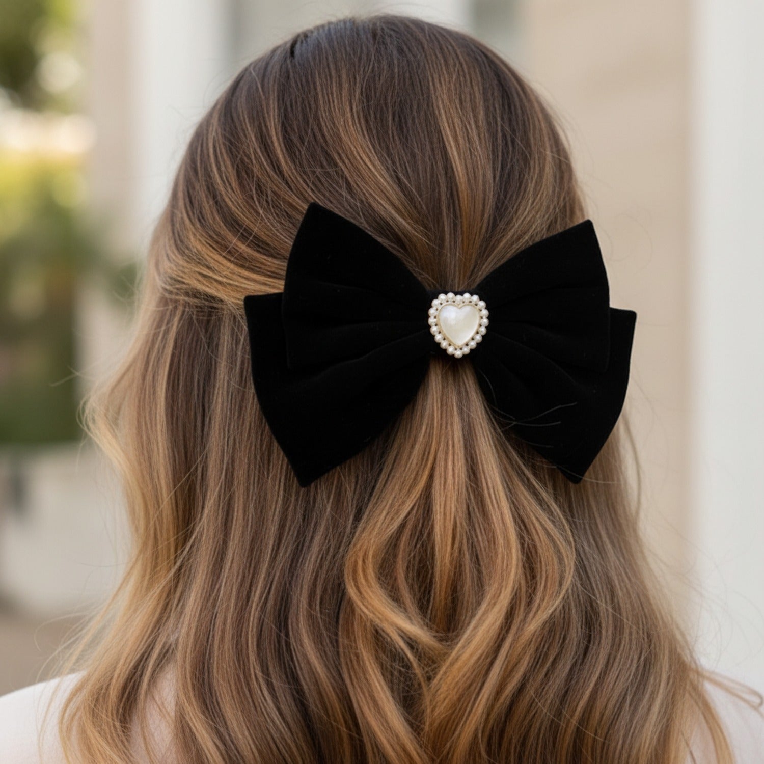 Black Pearl Heart Hair Bow Clip