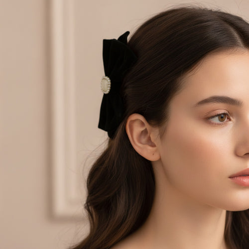 Black Pearl Heart Hair Bow Clip