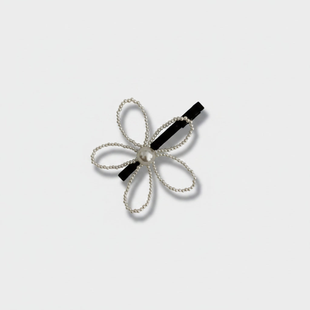 Pearl Beaded Bow Hair Clip Black