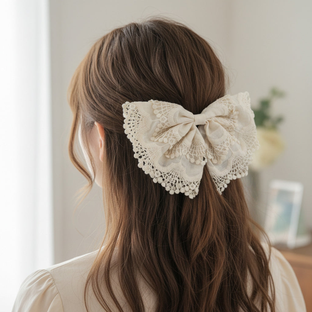 Lace Butterfly Hair Bow Clip Pearl Detail