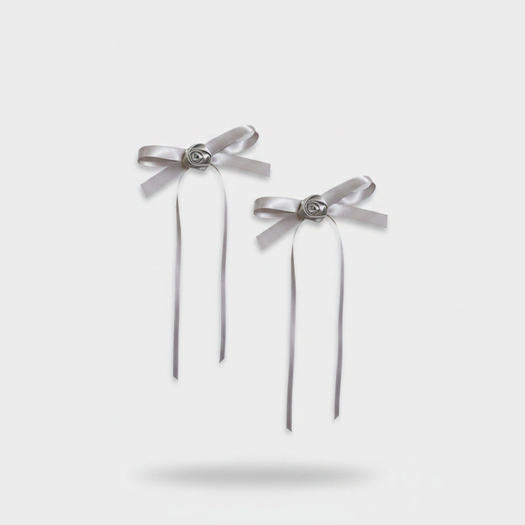 Silver Ribbon Bow Hair Clips Set