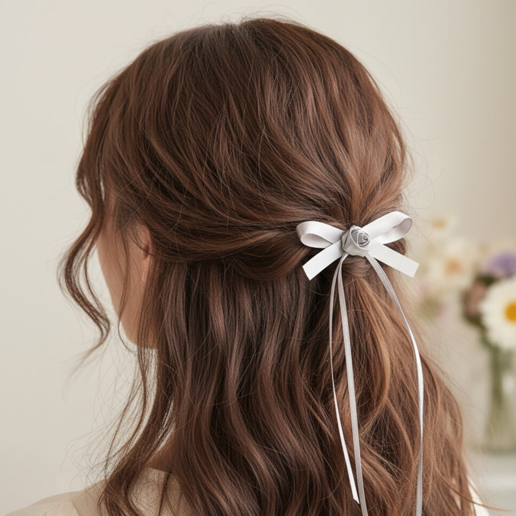 Silver Ribbon Bow Hair Clips Set