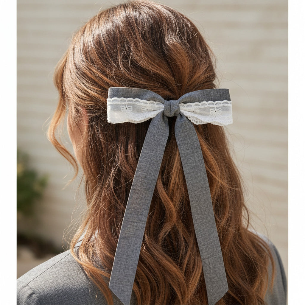 Lace Bow Hair Clip Gray Ribbon