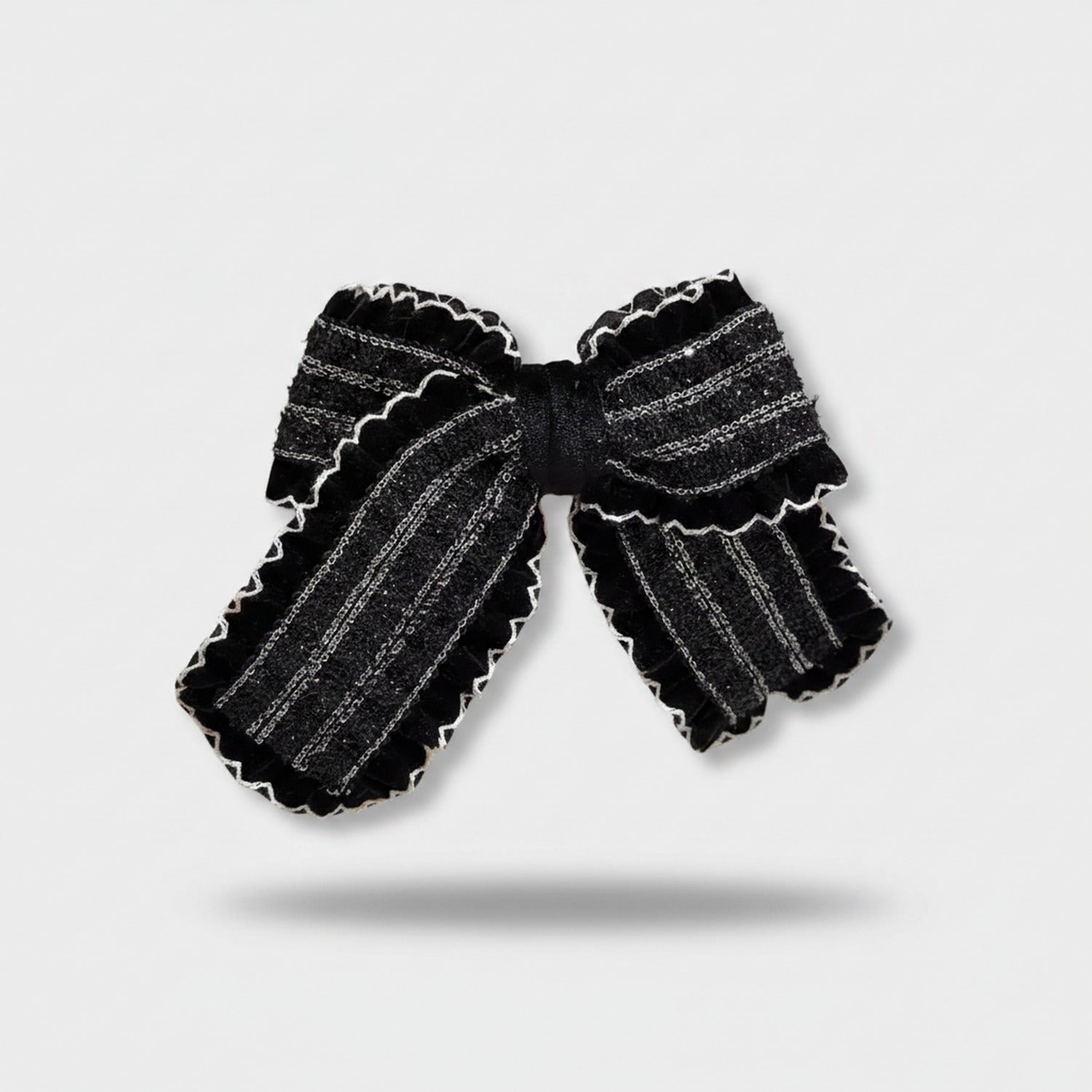 Black Striped Bow Hair Clip With Lace Trim