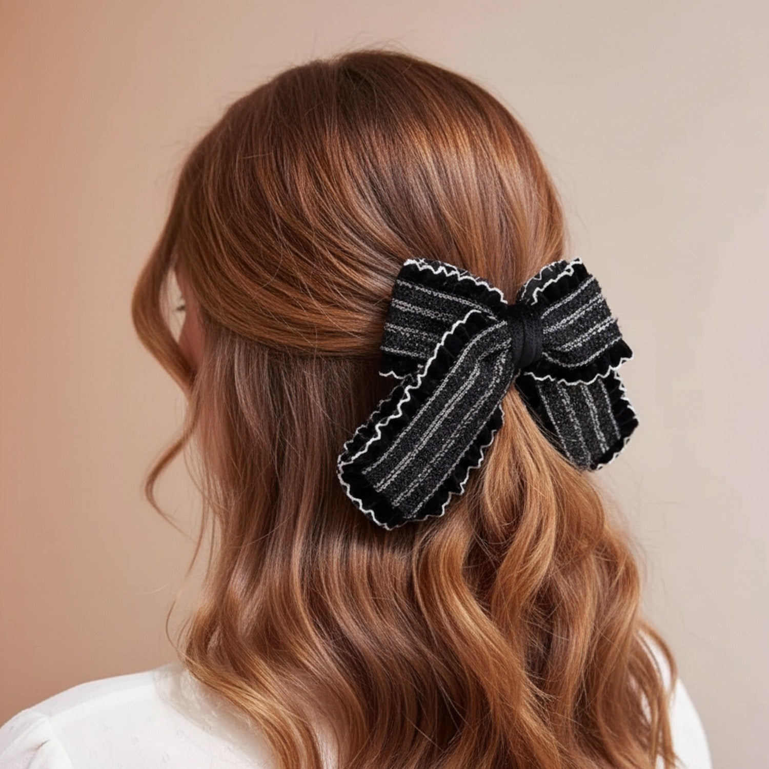 Black Striped Bow Hair Clip With Lace Trim