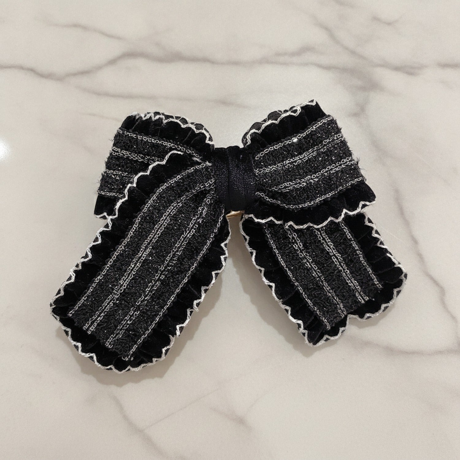 Black Striped Bow Hair Clip With Lace Trim