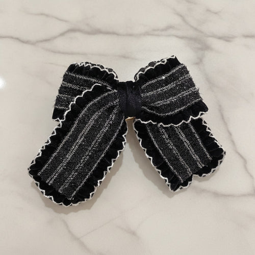 Black Striped Bow Hair Clip With Lace Trim