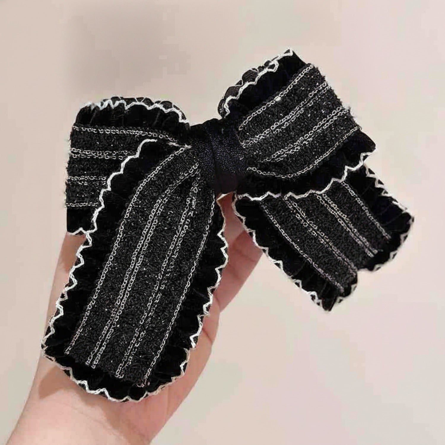 Black Striped Bow Hair Clip With Lace Trim