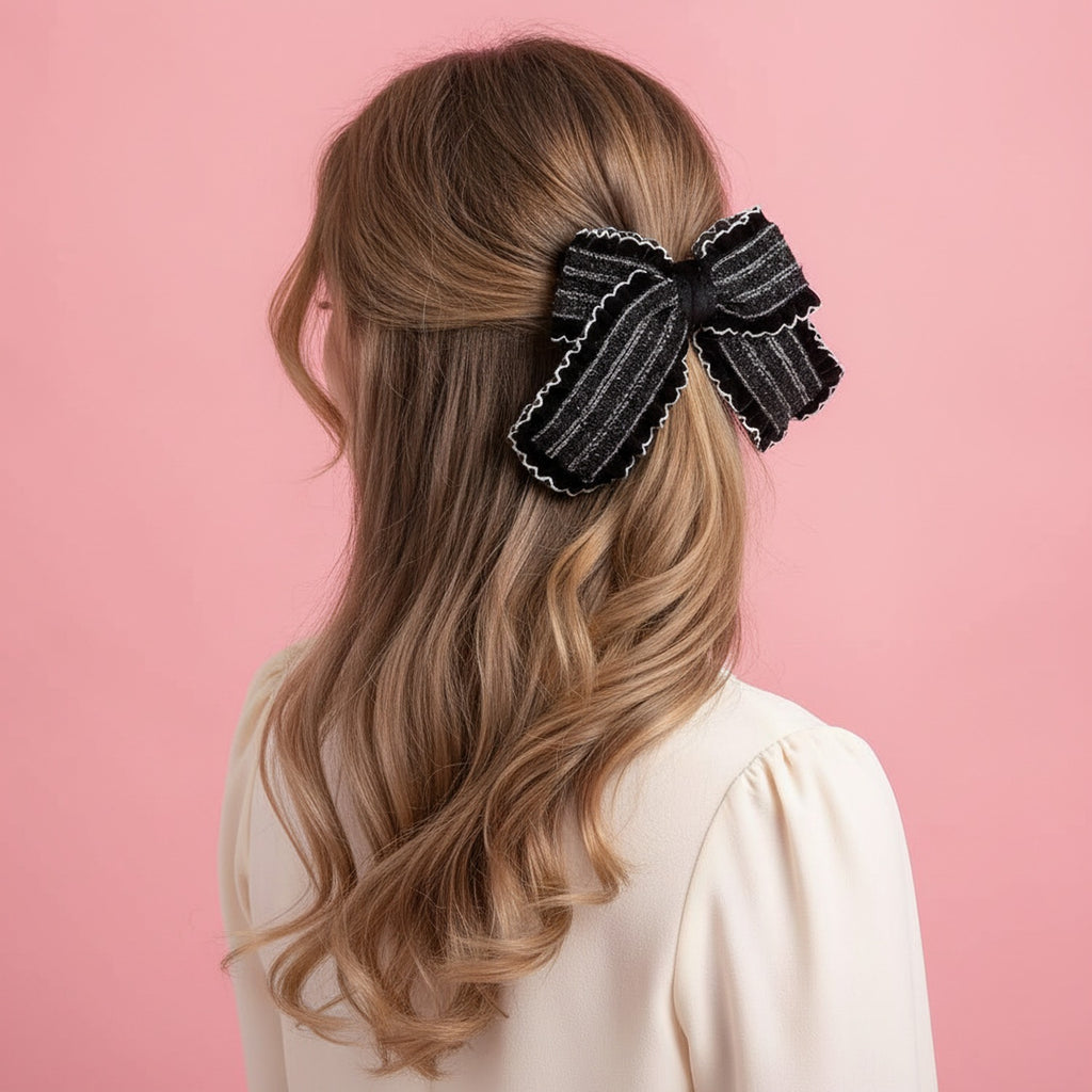 Black Striped Bow Hair Clip With Lace Trim – hair accessories (view 3)