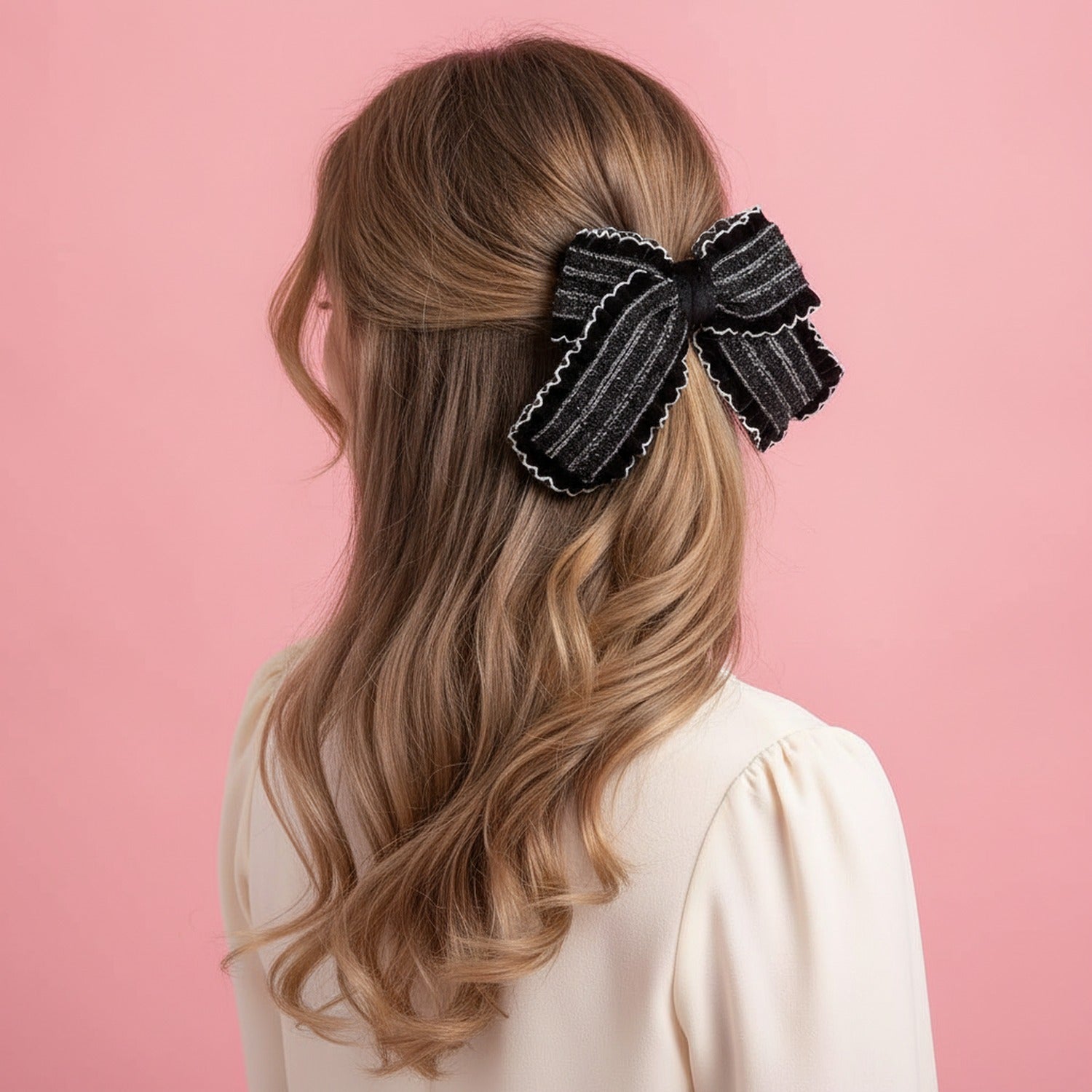 Black Striped Bow Hair Clip With Lace Trim