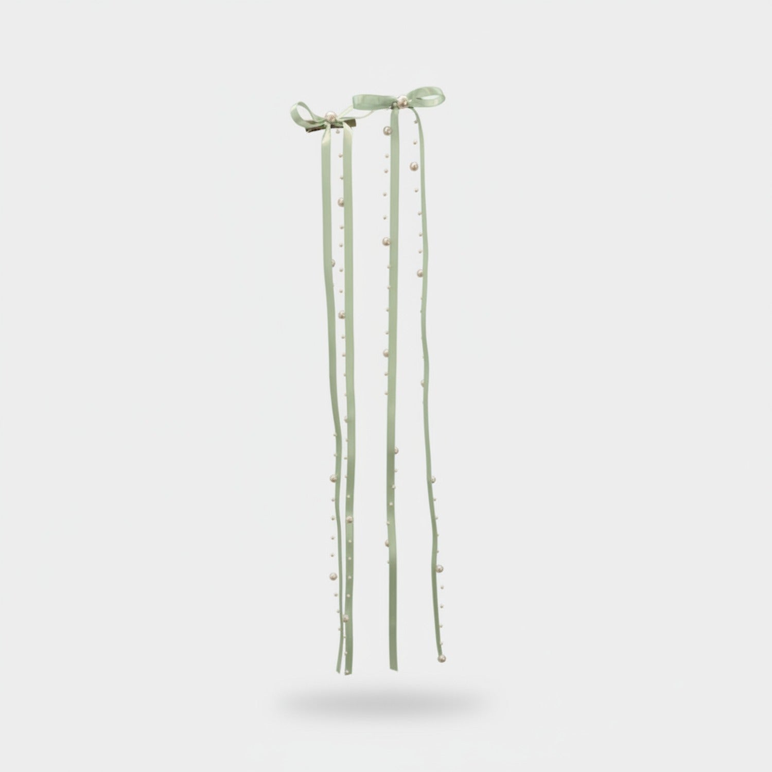 Sage Green Pearl Beaded Ribbon Hair Clips