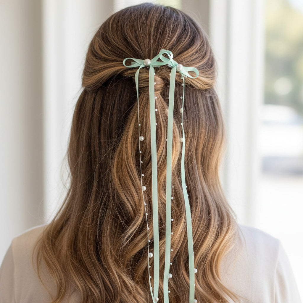 Sage Green Pearl Beaded Ribbon Hair Clips