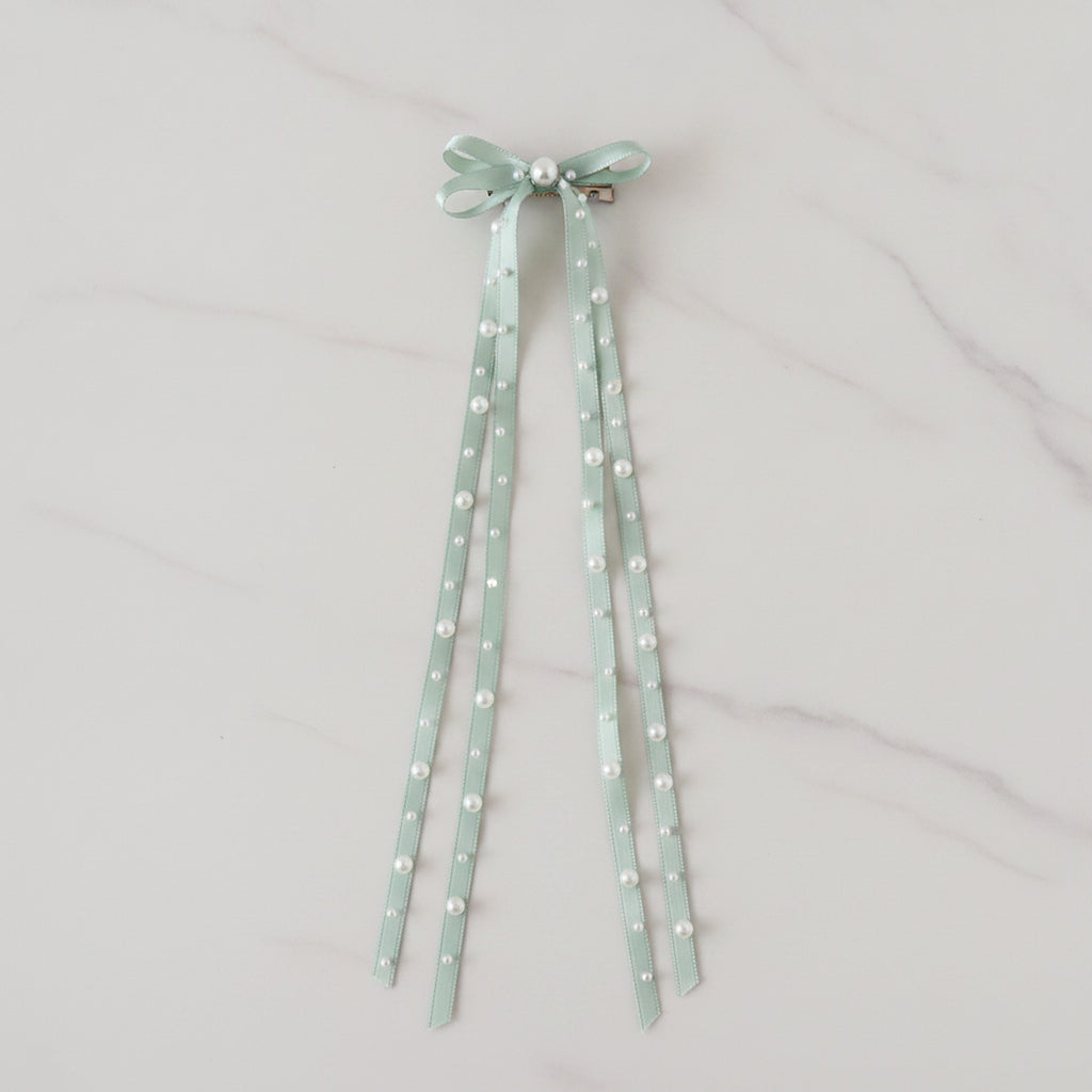 Sage Green Pearl Beaded Ribbon Hair Clips – hair accessories (view 2)
