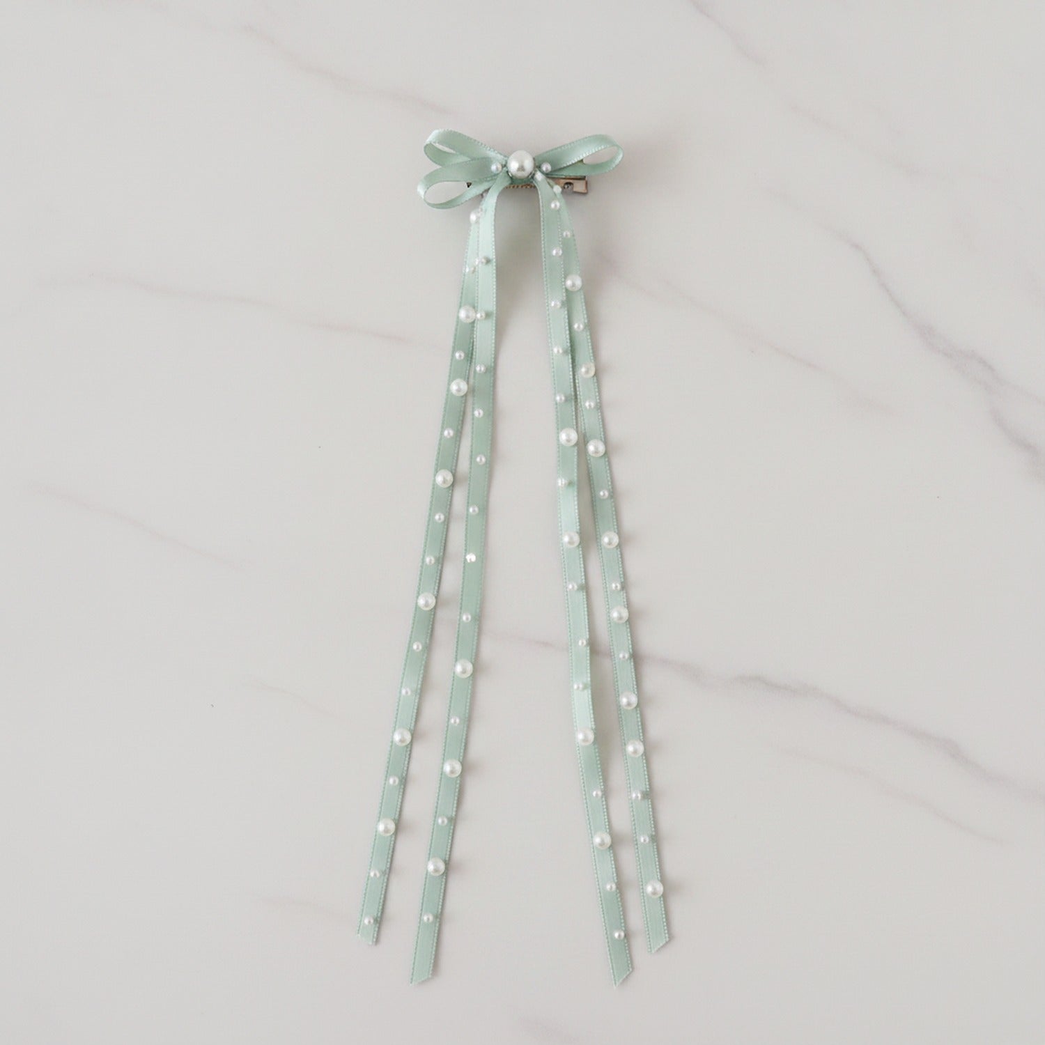 Sage Green Pearl Beaded Ribbon Hair Clips