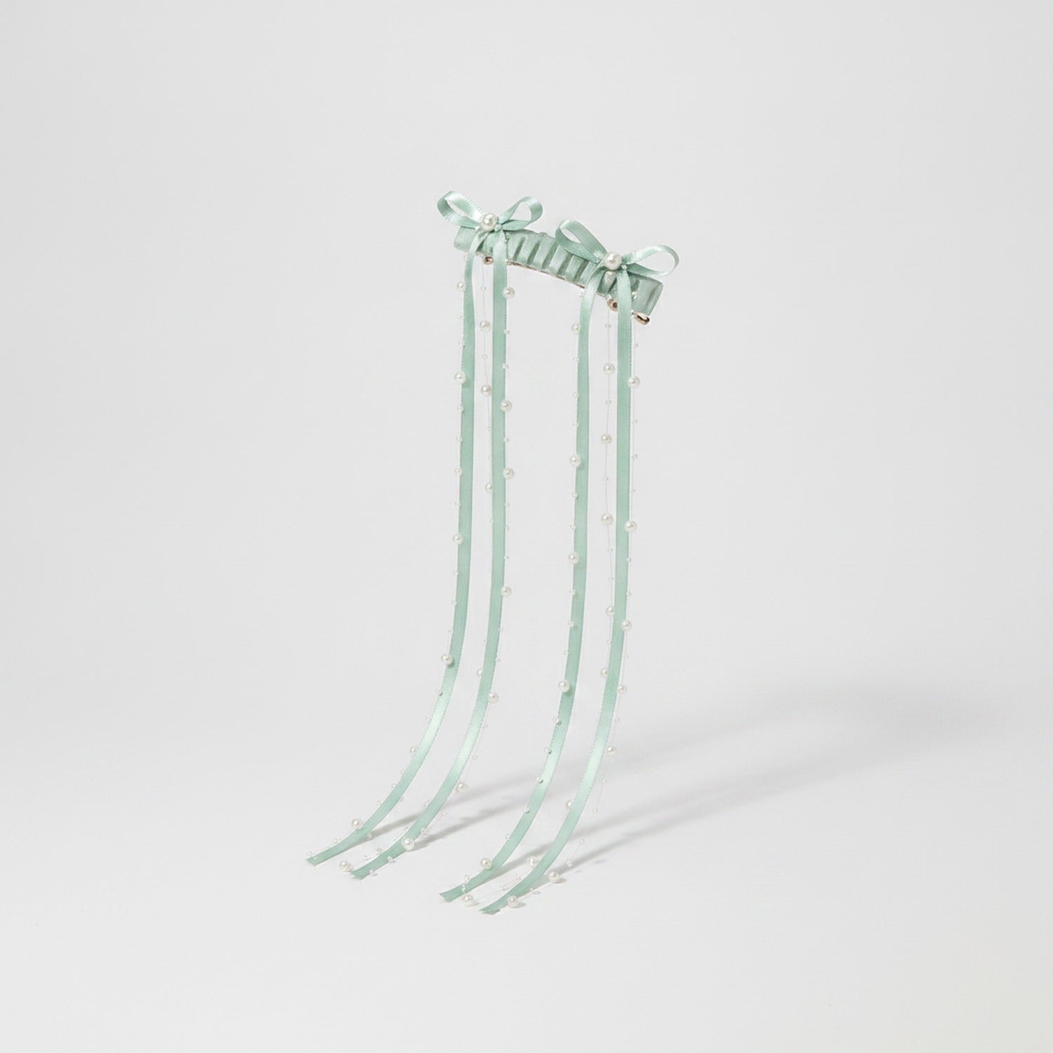 Sage Green Pearl Beaded Ribbon Hair Clips