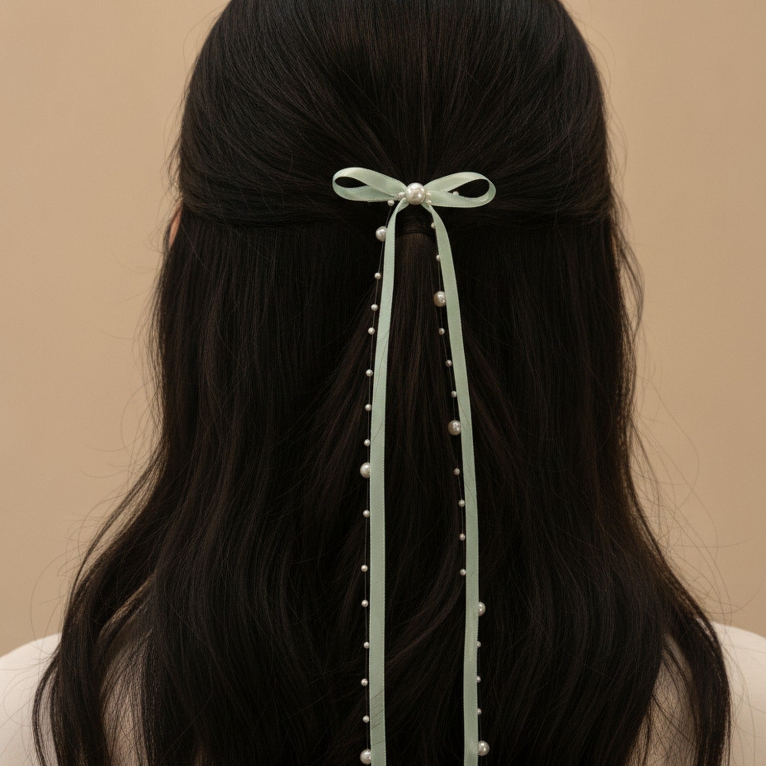Sage Green Pearl Beaded Ribbon Hair Clips