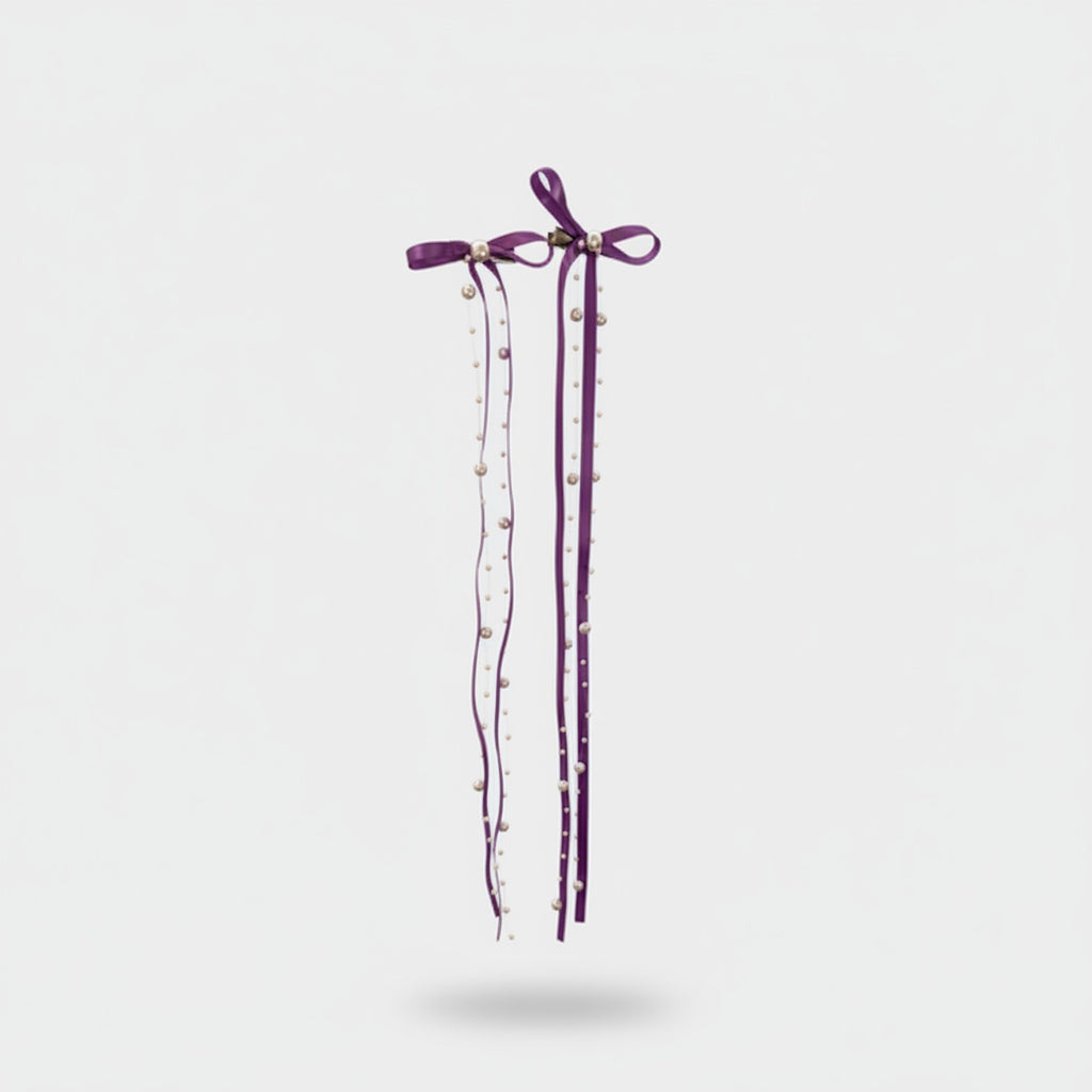 Purple Ribbon Hair Bow Clips With Pearl Beads